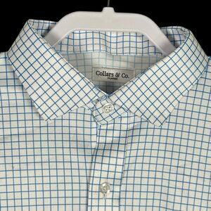 Collars & Co Polo Shirt Mens XL Blue Quattro Flex Thin Check Office Work NEW